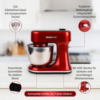 HOMESMART Küchenmaschine mit 5L Edelstahlschüssel, inkl. Knethaken, Schneebesen, Rührblatt und Spritzschutz