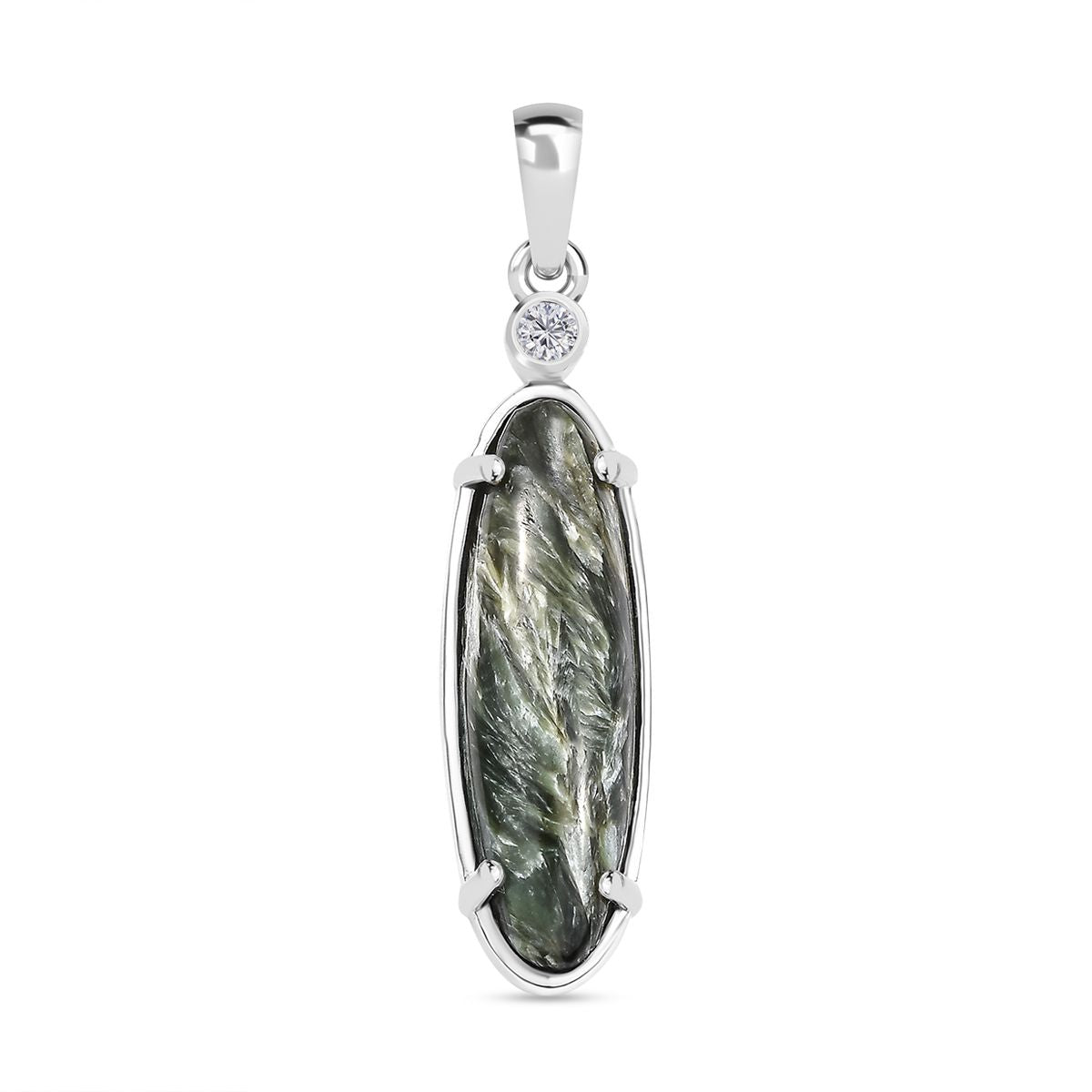 Sibirischer Seraphinite, Weißer Zirkon Anhänger 925 Silber platiniert ca. 4.68 ct