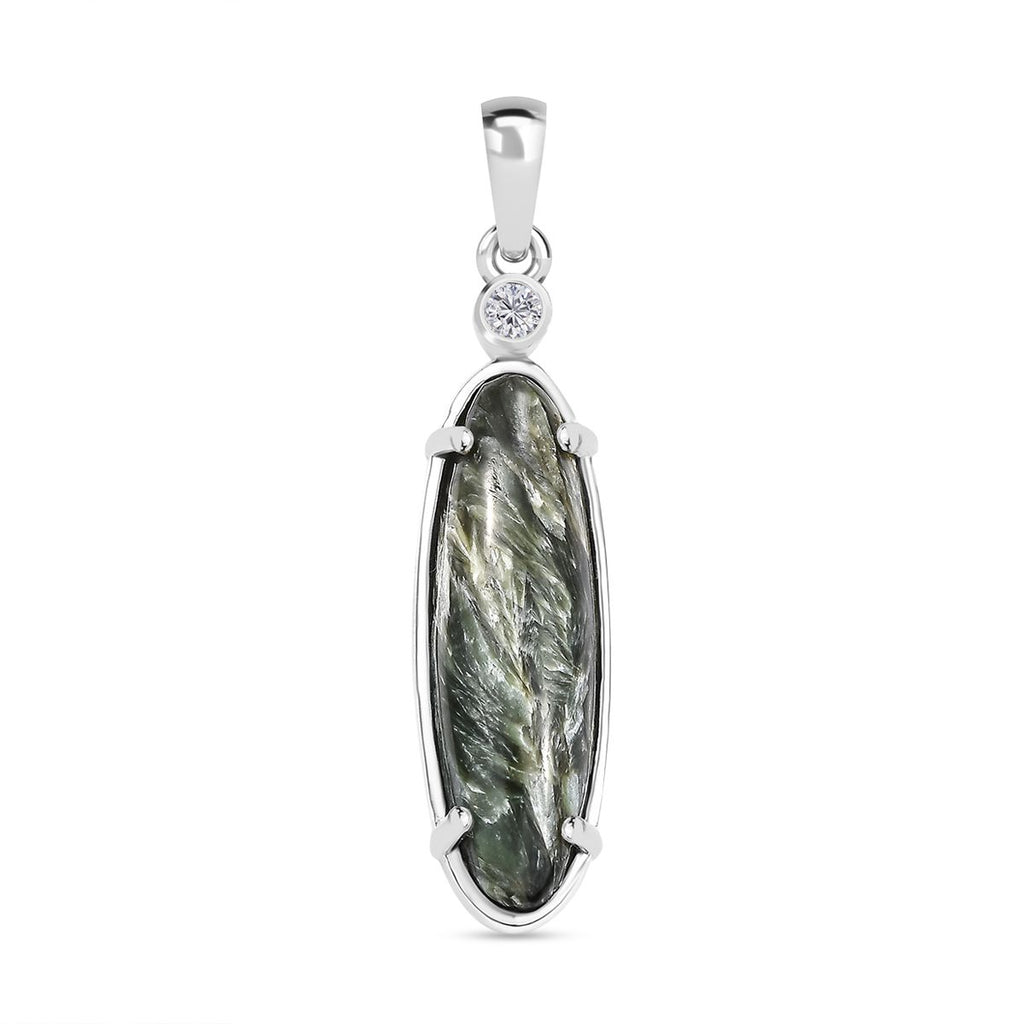 Sibirischer Seraphinite, Weißer Zirkon Anhänger 925 Silber platiniert ca. 4.68 ct