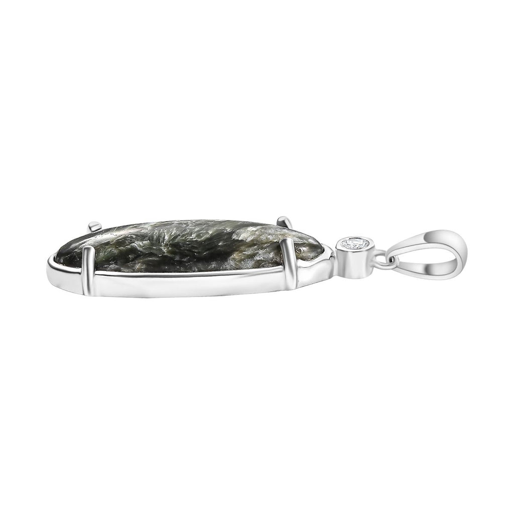 Sibirischer Seraphinite, Weißer Zirkon Anhänger 925 Silber platiniert ca. 4.68 ct