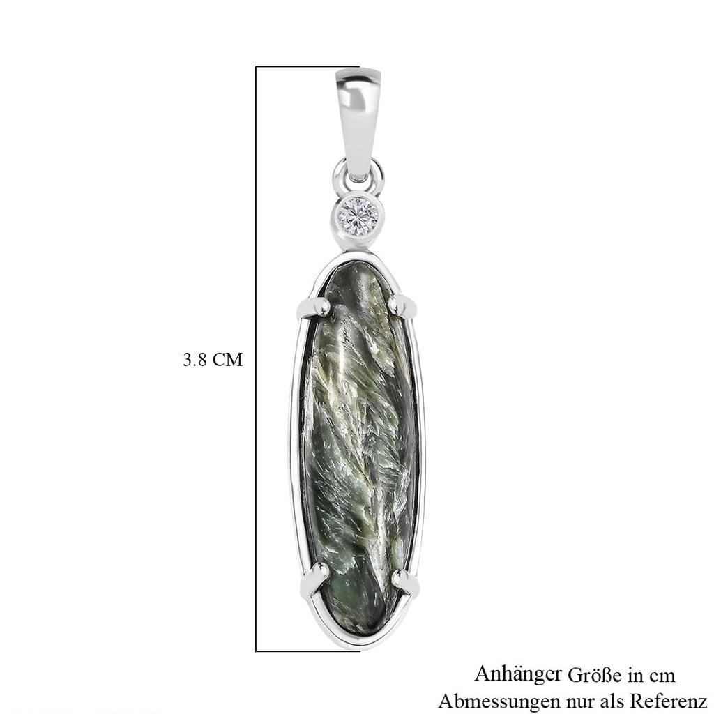Sibirischer Seraphinite, Weißer Zirkon Anhänger 925 Silber platiniert ca. 4.68 ct