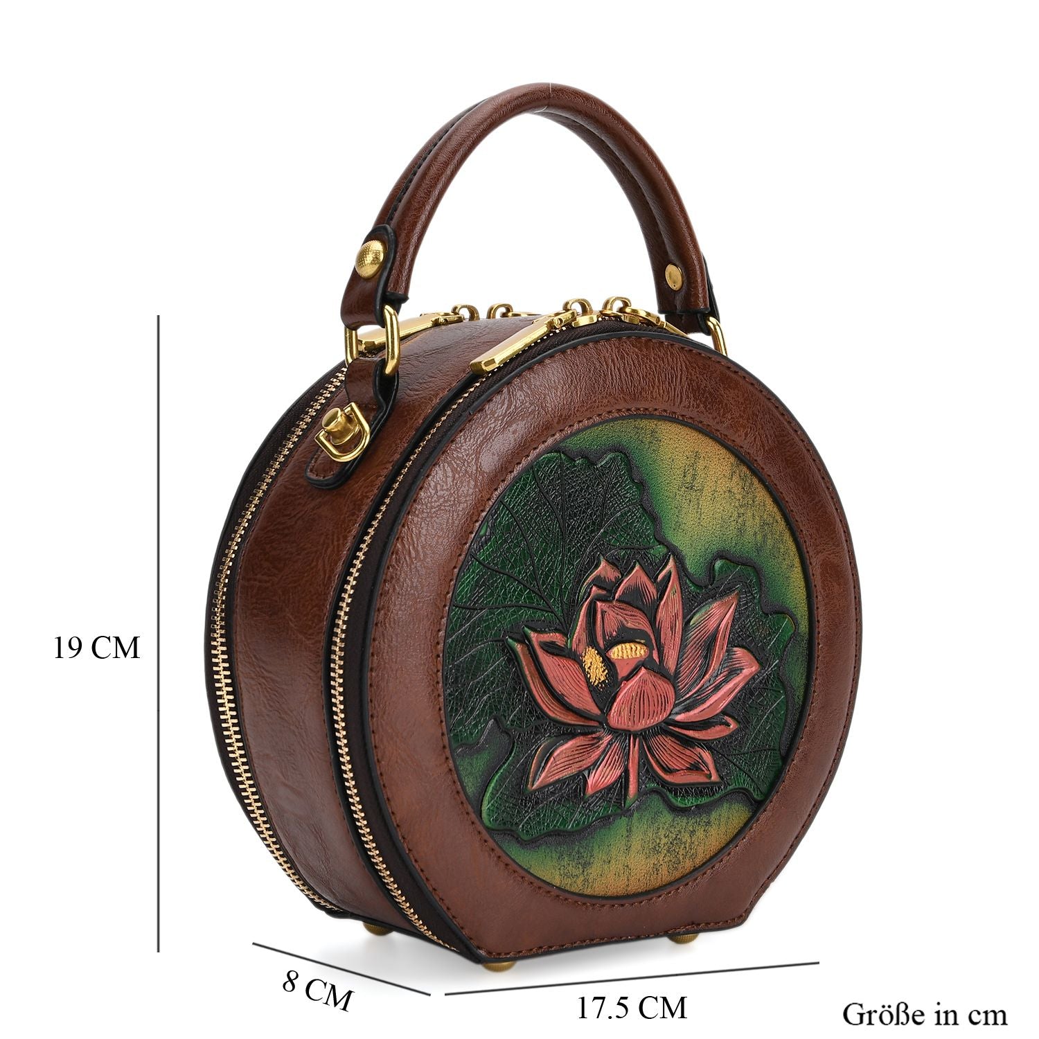 Runde Crossbody-Bag mit Lotus-Prägung, 19x8x18 cm, Braun