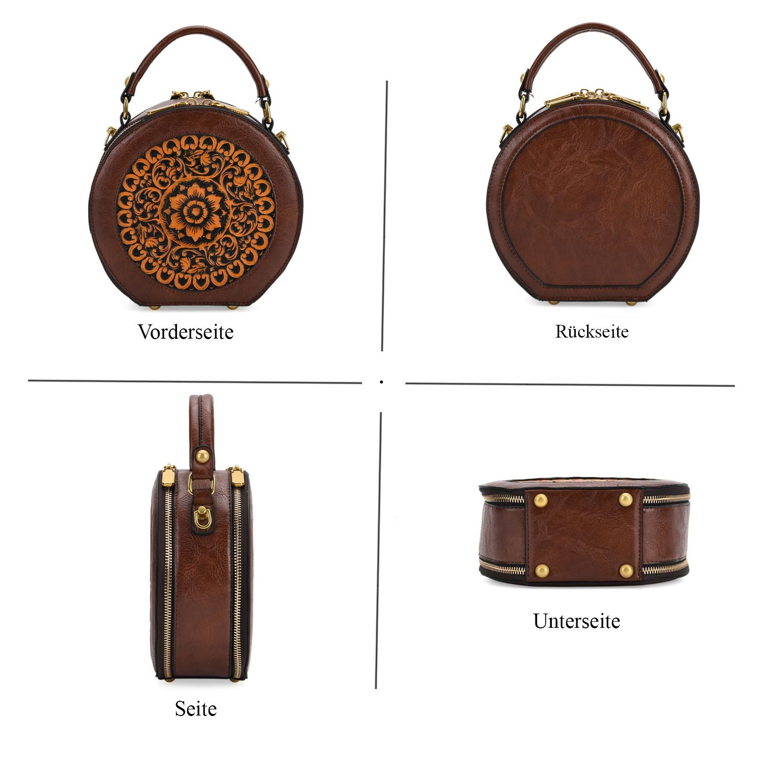 Runde Crossbody-Bag mit Mandala-Prägung, 19x8x18 cm, Braun