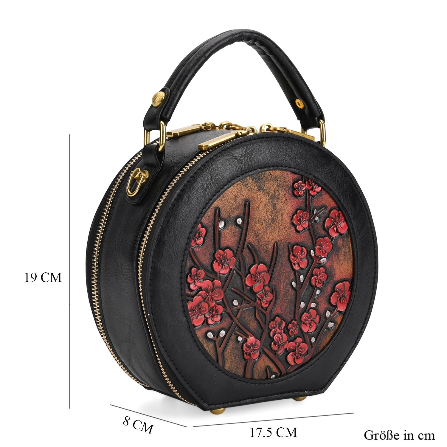 Runde Crossbody-Bag mit Pflaumenblüten-Prägung, 19x8x18 cm, Braun
