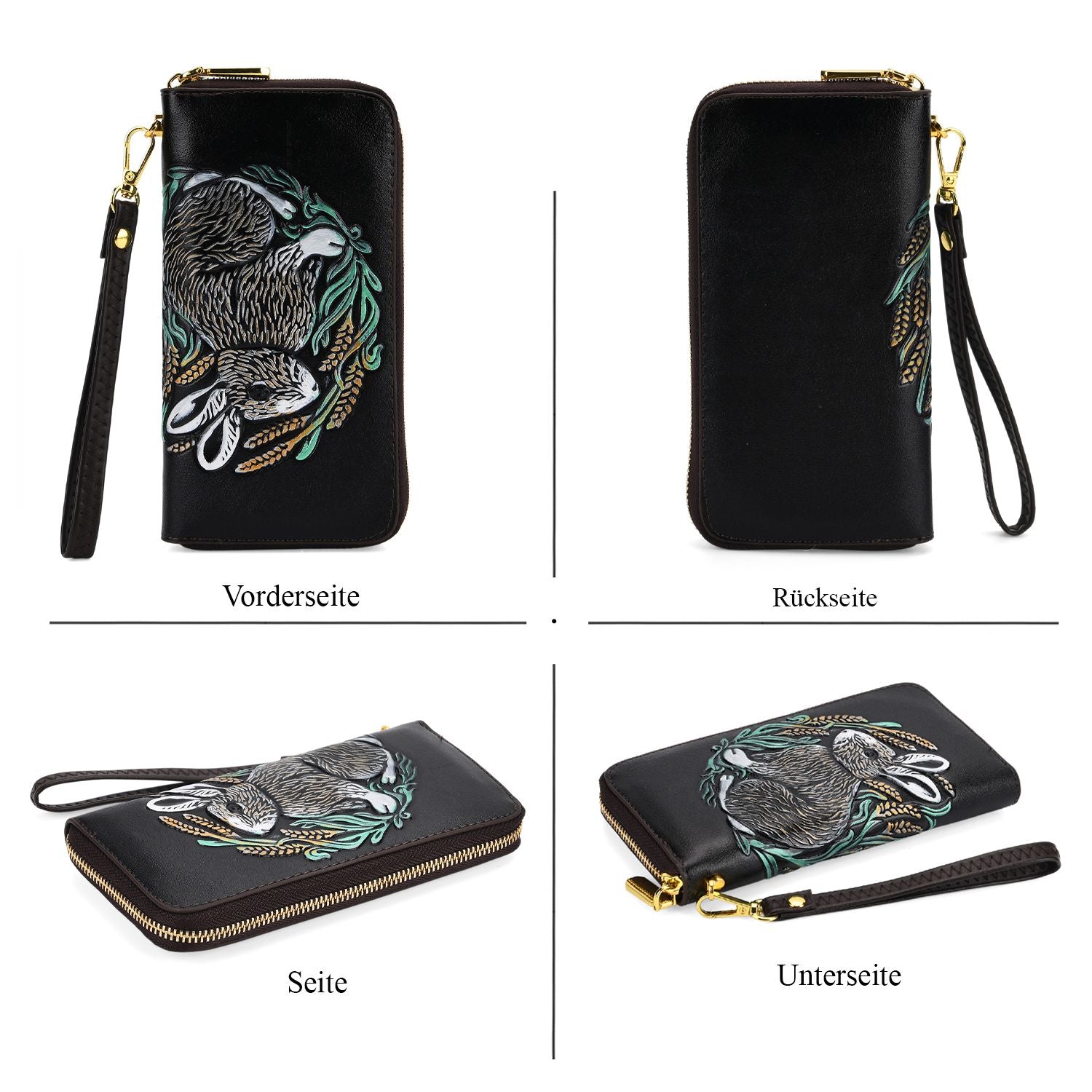 Langes Portemonnaie mit Handriemen, Hasen-Design, Handbemalt, Schwarz
