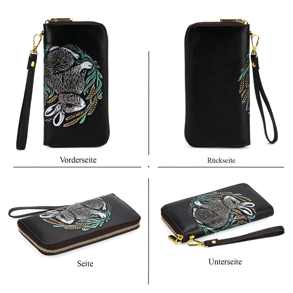 Langes Portemonnaie mit Handriemen, Hasen-Design, Handbemalt, Schwarz
