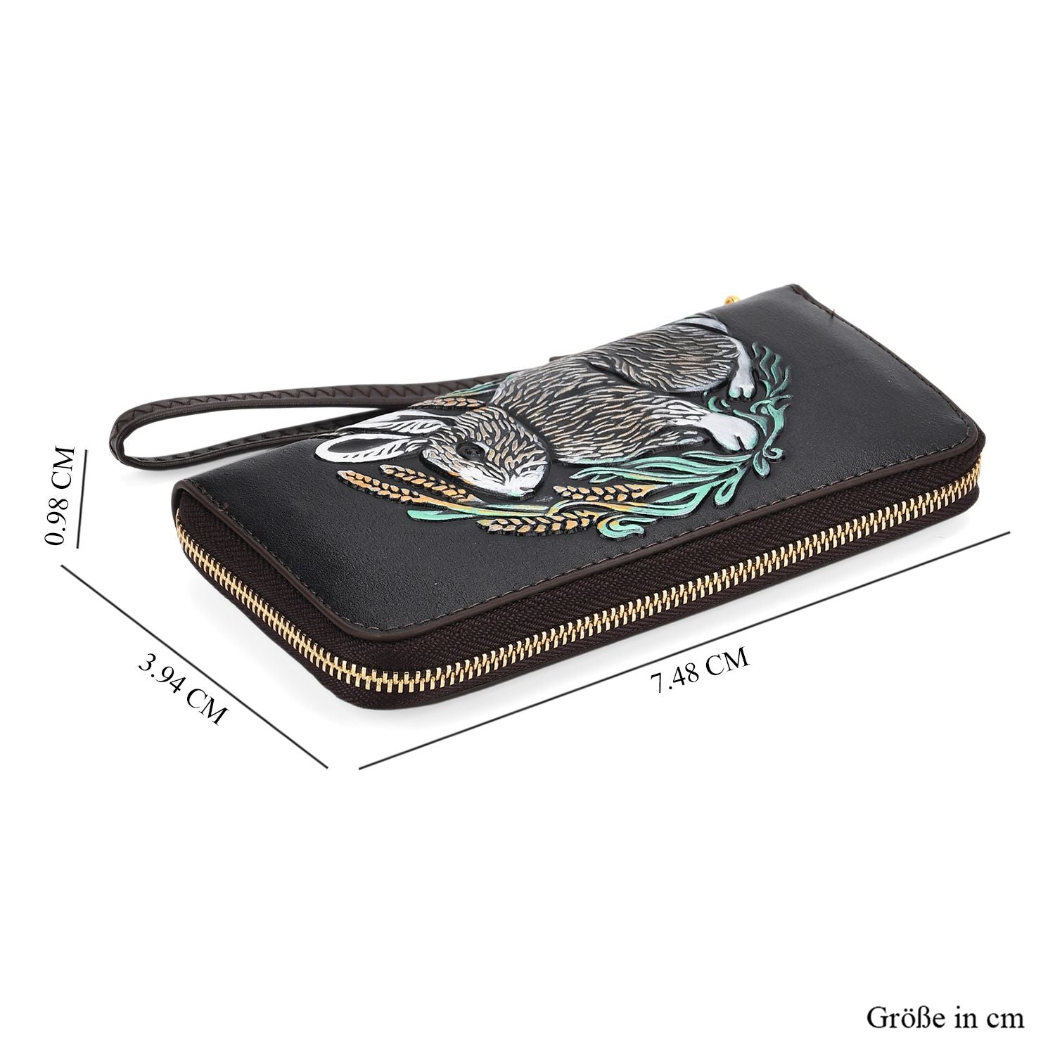 Langes Portemonnaie mit Handriemen, Hasen-Design, Handbemalt, Schwarz
