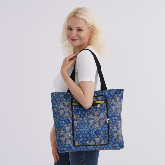 Faltbare Einkaufstasche mit Blumenmuster, aus wasserabweisendem Polyester, mit Innen- und Außentasche, 40x43 cm, Tragegriffe ca. 22 cm, Pink