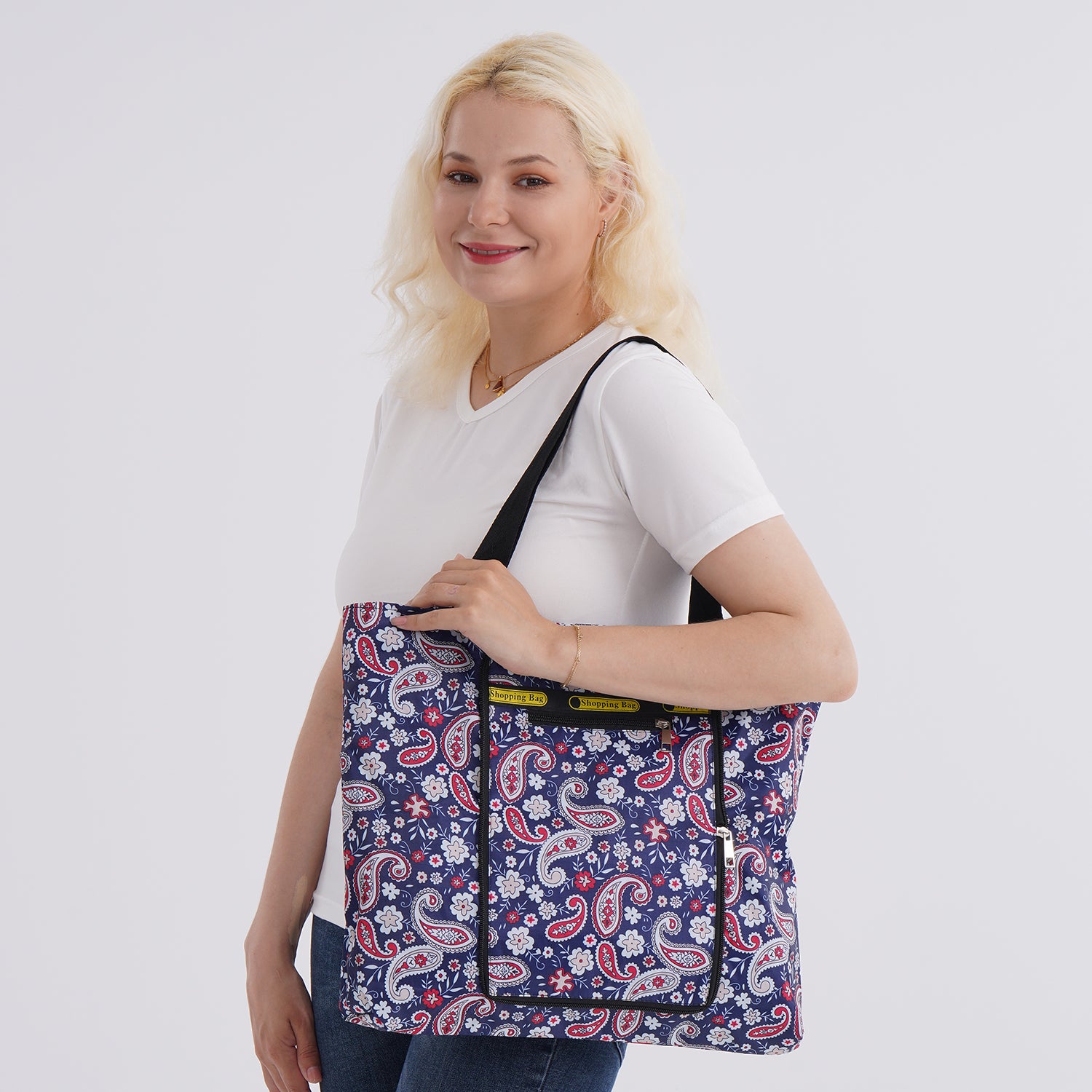 Faltbare Einkaufstasche mit Paisley-Design, wasserabweisend und strapazierfähig, mit Innen- und Außentasche, Tragelänge ca. 22 cm, 40x43 cm, Rot