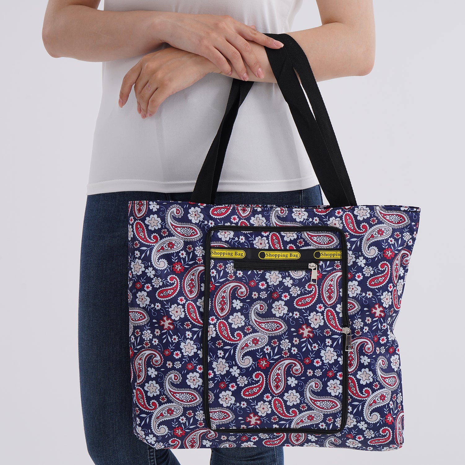 Faltbare Einkaufstasche mit Paisley-Design, wasserabweisend und strapazierfähig, mit Innen- und Außentasche, Tragelänge ca. 22 cm, 40x43 cm, Rot