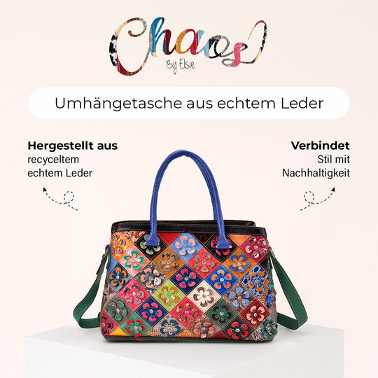 Chaos by Elsie, Crossbody-Tasche aus echtem Leder, Multicolor mit gewebtem Muster, RFID-Schutz und Mini-Taschenlampe, ca. 37 x 14,5 x 25 cm