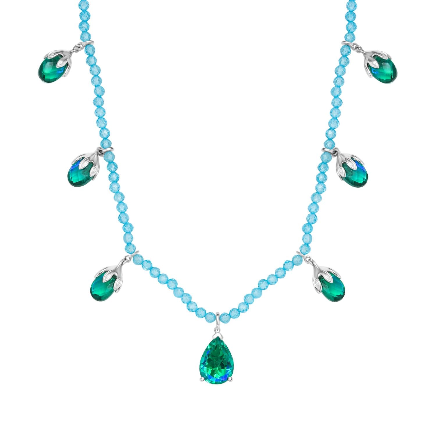 Pfau Quarz Triplette und Blauer Apatit Halskette ca. 45 cm 925 Silber rhodiniert ca. 52,66 ct.