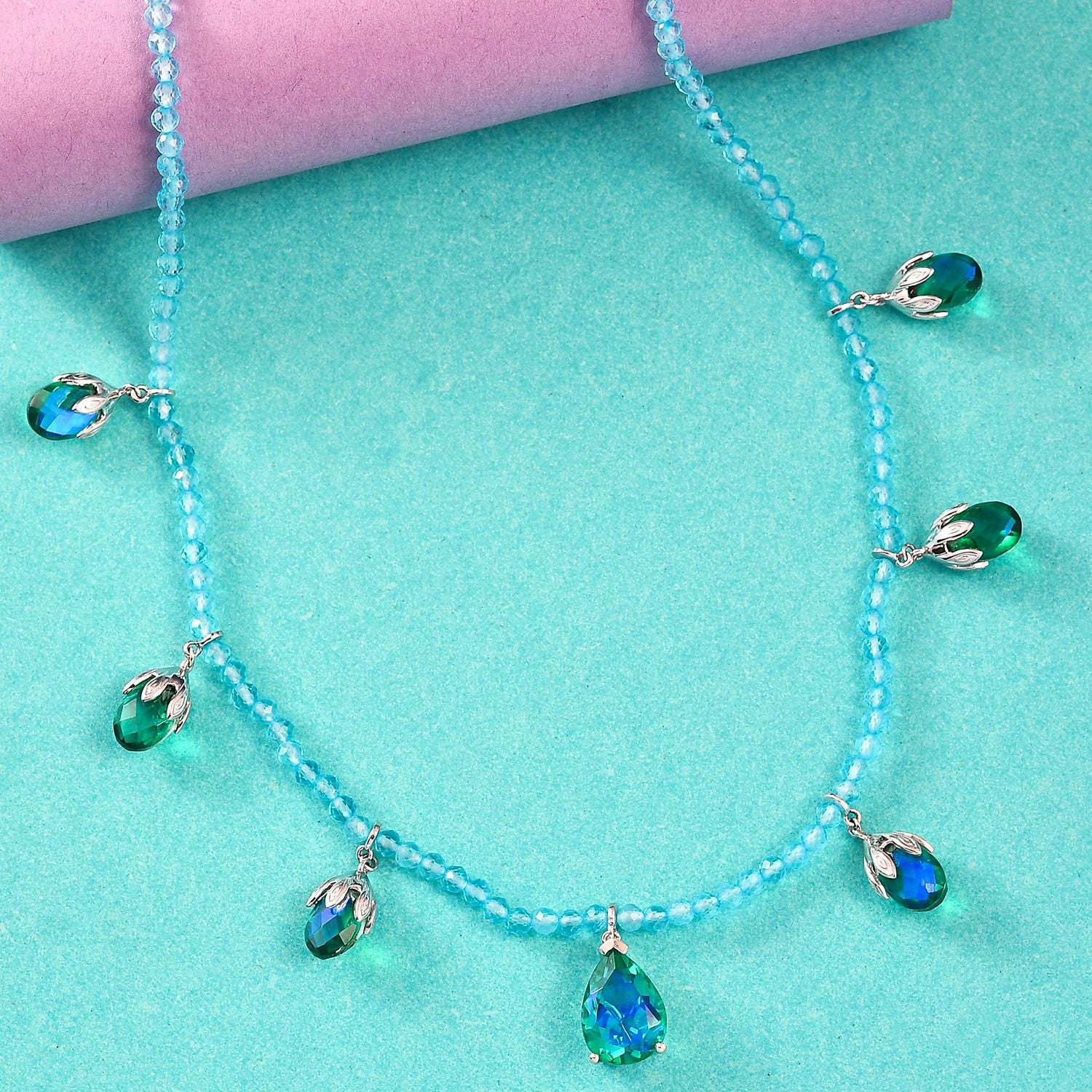 Pfau Quarz Triplette und Blauer Apatit Halskette ca. 45 cm 925 Silber rhodiniert ca. 52,66 ct.
