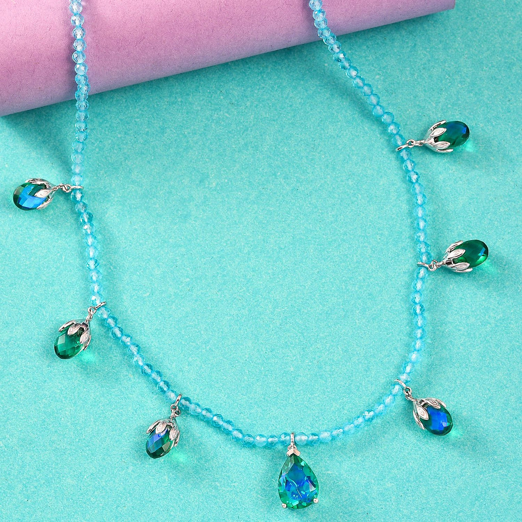 Pfau Quarz Triplette und Blauer Apatit Halskette ca. 45 cm 925 Silber rhodiniert ca. 52,66 ct.