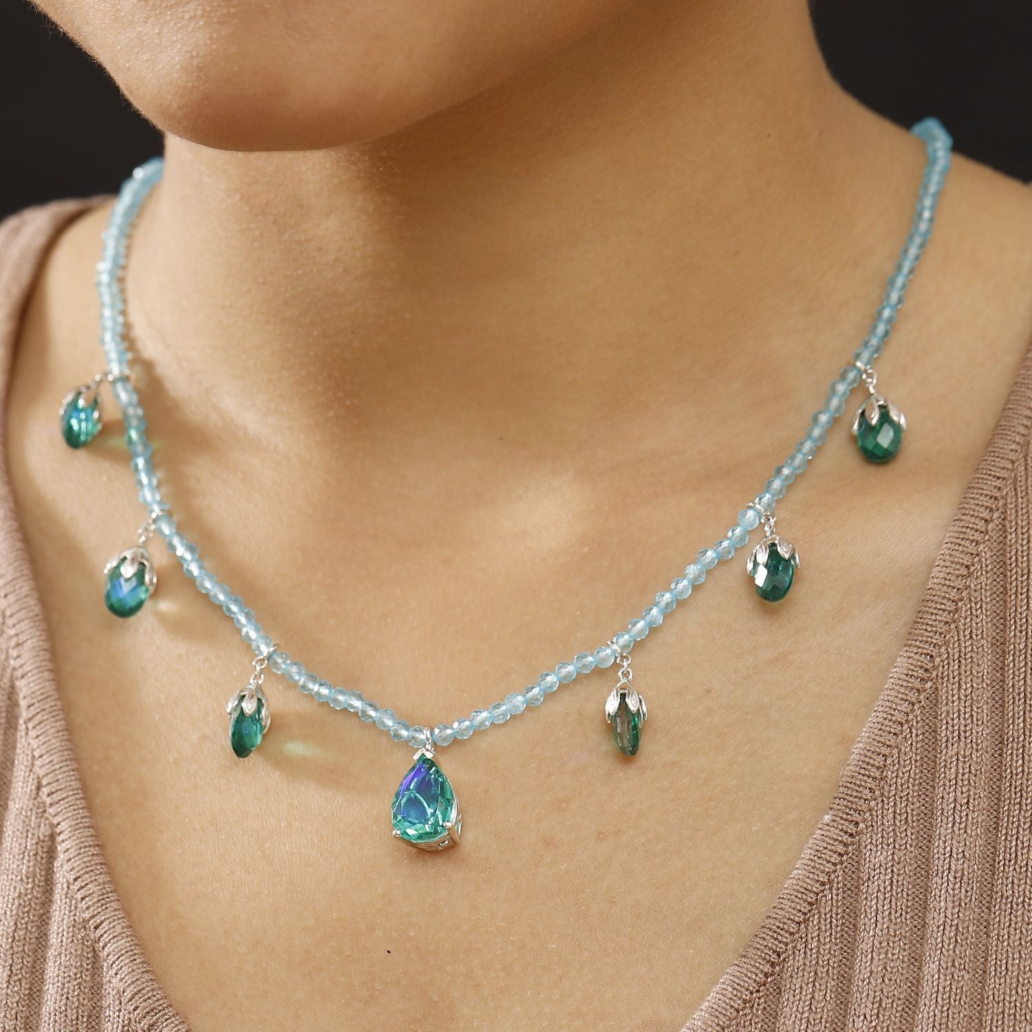 Pfau Quarz Triplette und Blauer Apatit Halskette ca. 45 cm 925 Silber rhodiniert ca. 52,66 ct.
