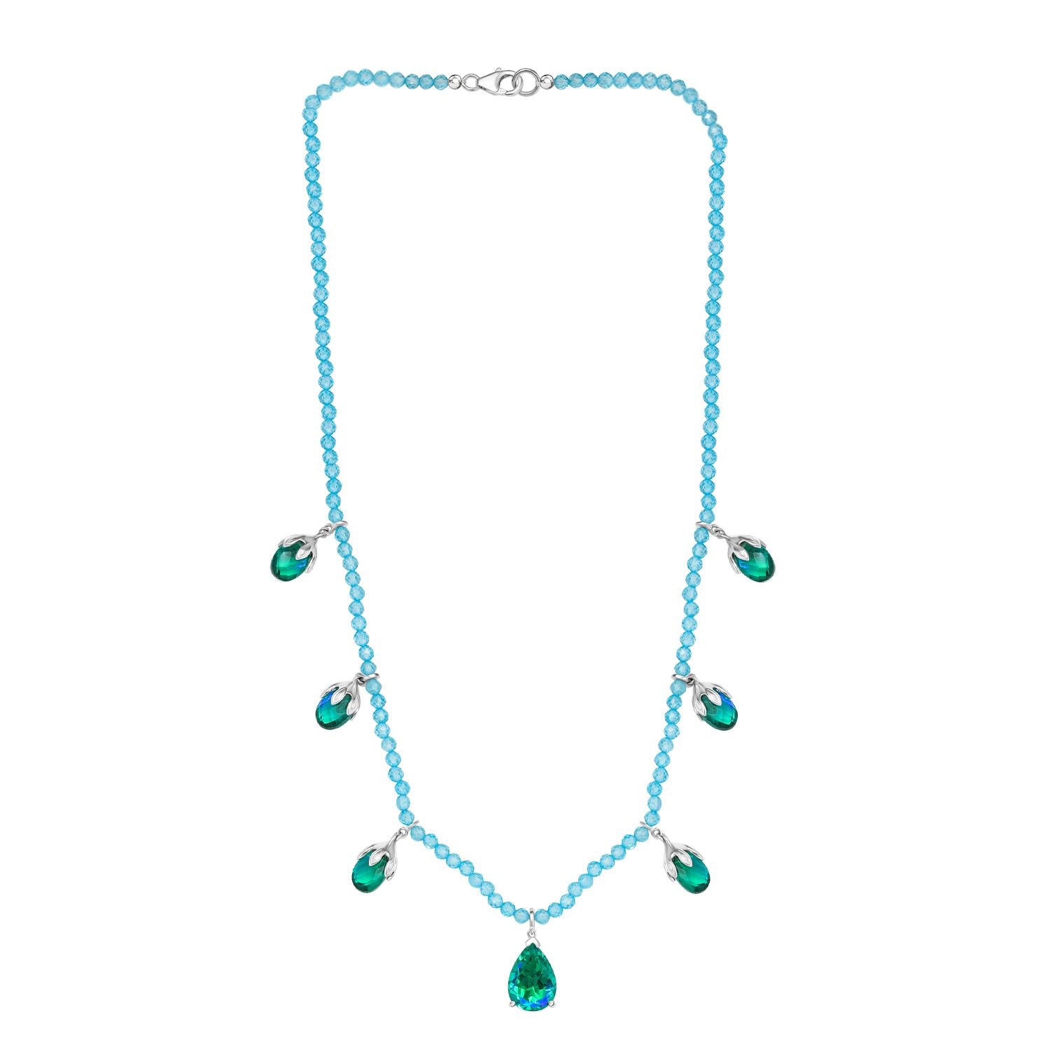 Pfau Quarz Triplette und Blauer Apatit Halskette ca. 45 cm 925 Silber rhodiniert ca. 52,66 ct.
