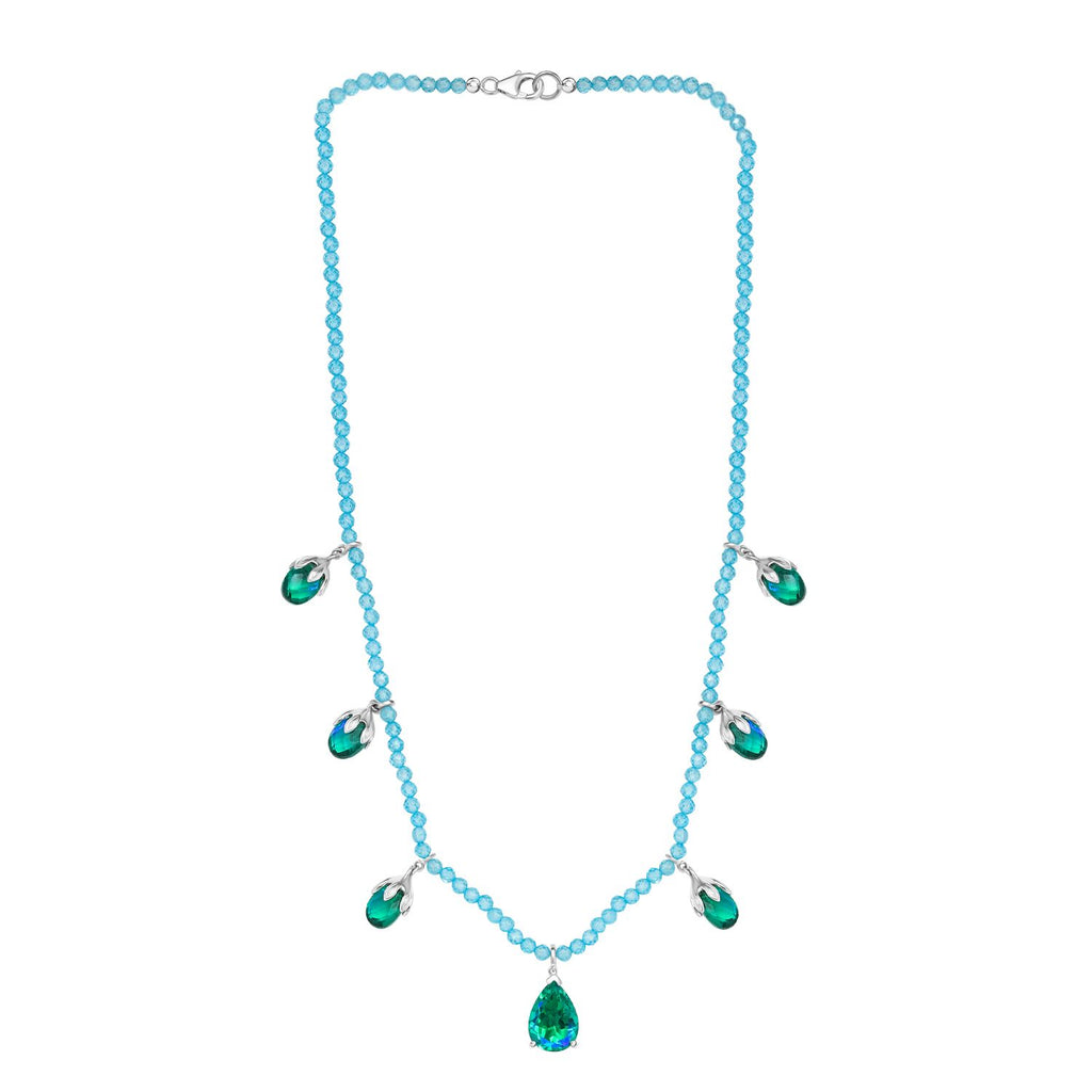 Pfau Quarz Triplette und Blauer Apatit Halskette ca. 45 cm 925 Silber rhodiniert ca. 52,66 ct.
