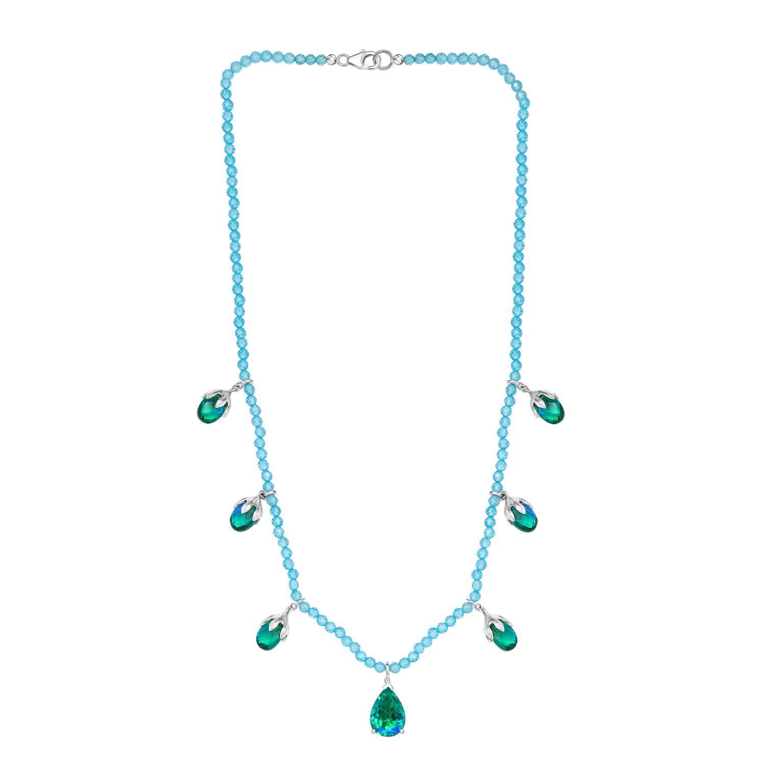 Pfau Quarz Triplette und Blauer Apatit Halskette ca. 45 cm 925 Silber rhodiniert ca. 52,66 ct.