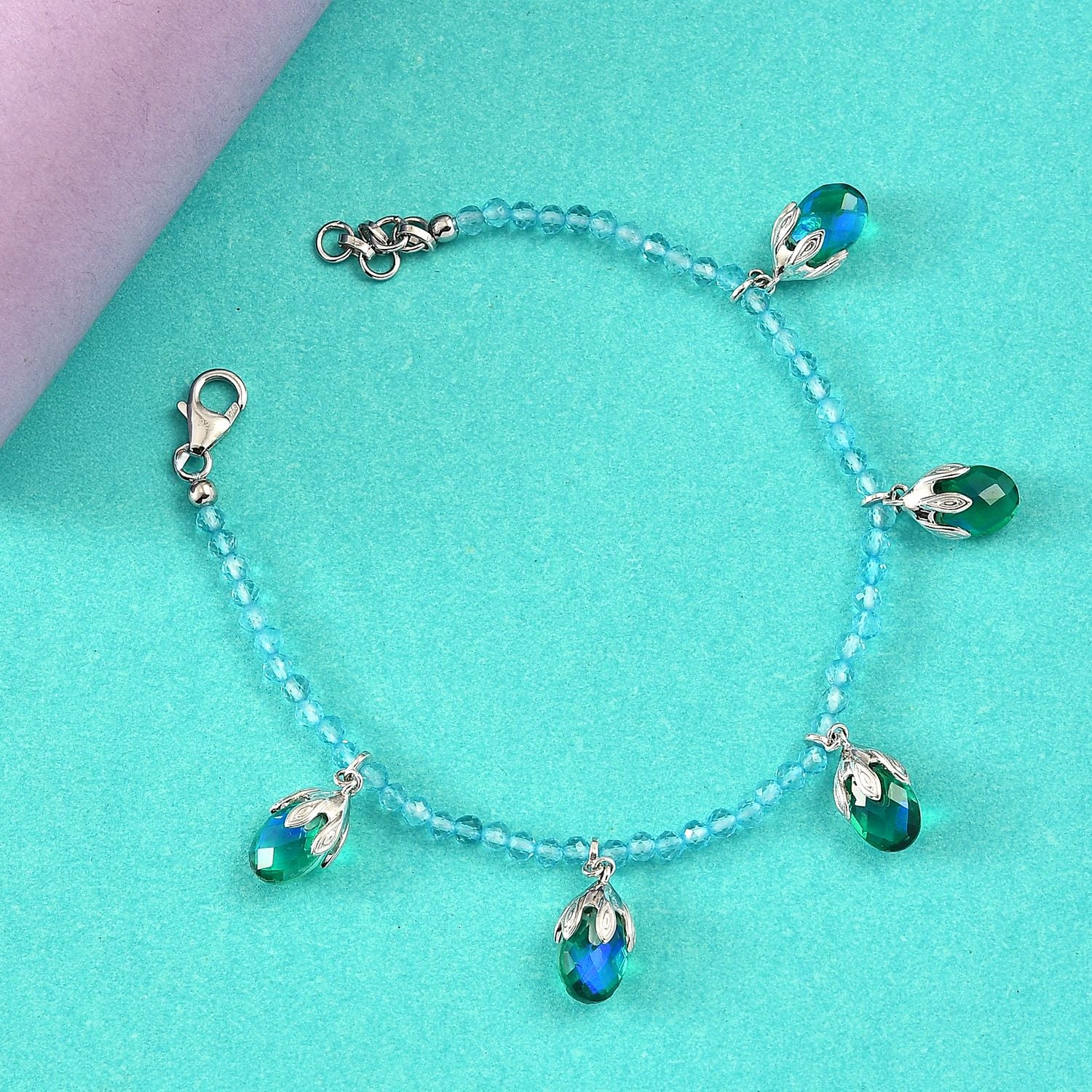 Pfau Quarz Triplette, Blauer Apatit Armband ca. 19 cm + 1.25 cm Extender, 925 Silber rhodiniert ca. 24.63 ct