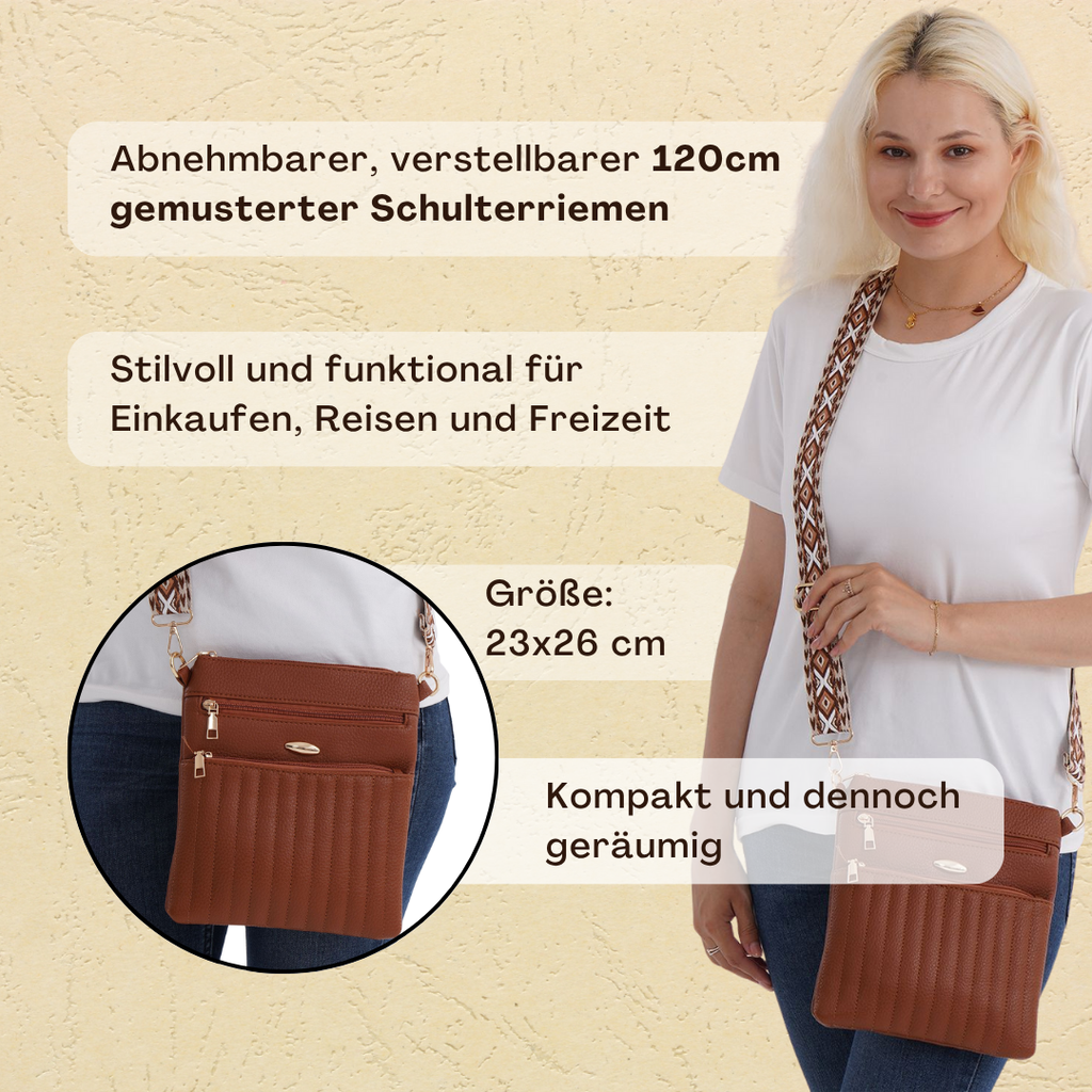 Crossbody-Tasche mit mehreren Reißverschlussfächern, gemustertem Schulterriemen, 23x26 cm, Altrosa