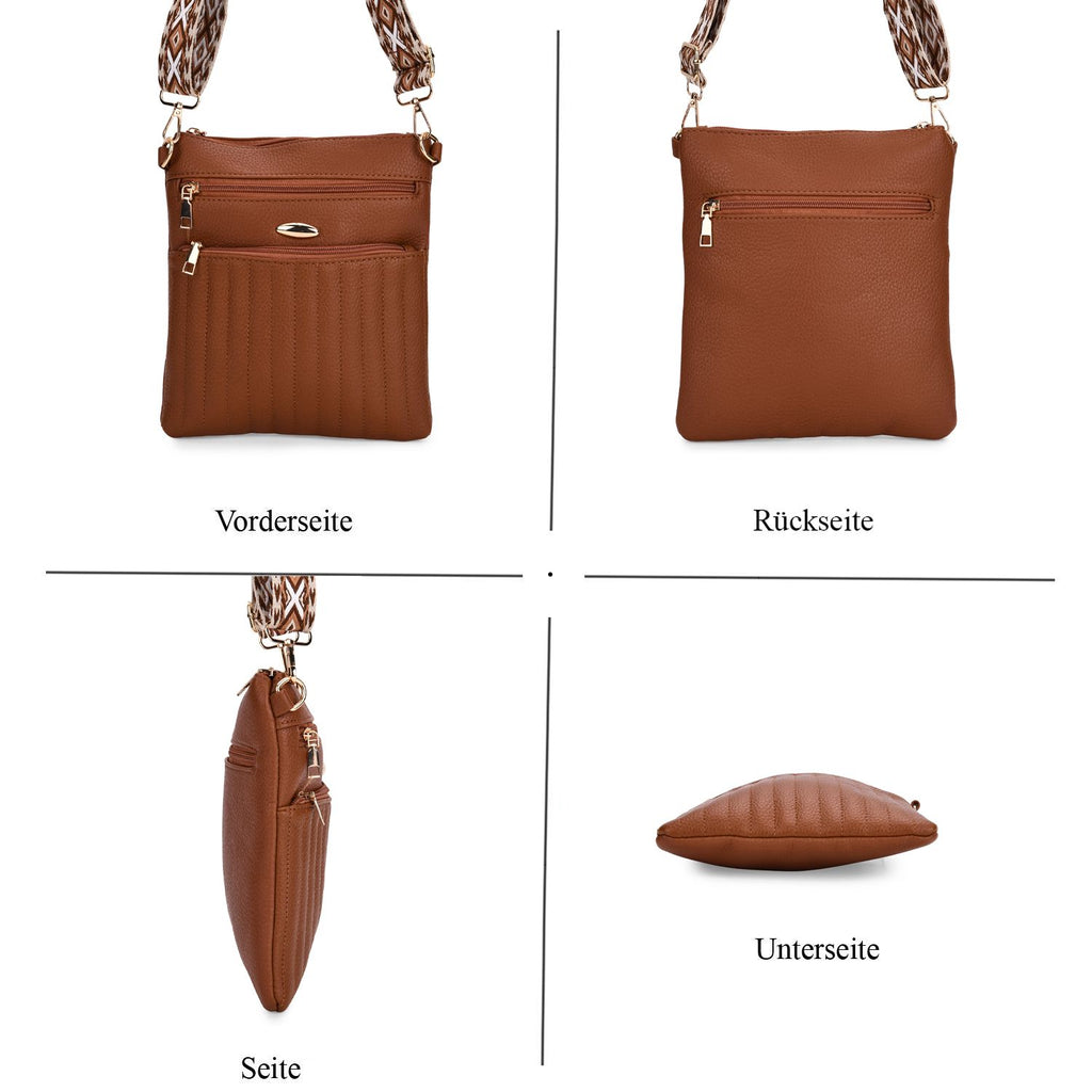 Crossbody-Tasche mit mehreren Reißverschlussfächern, gemustertem Schulterriemen, 23x26 cm, Altrosa