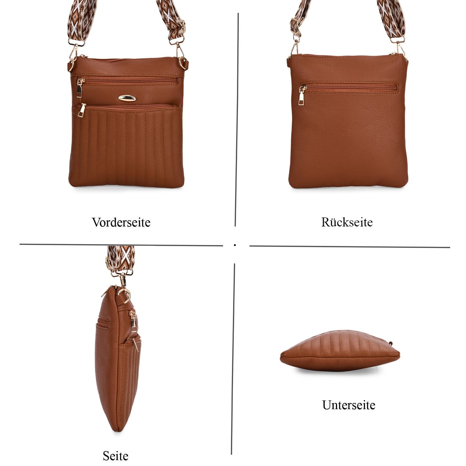 Crossbody-Tasche mit mehreren Reißverschlussfächern, gemustertem Schulterriemen, 23x26 cm, Altrosa