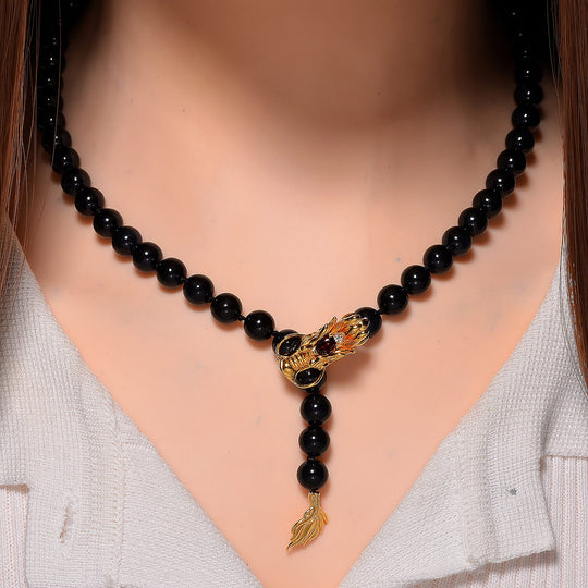 Schwarze Jade, Roter Granat Halskette ca. Flexibles cm 925 Silber 750 Gelbgold Vermeil (7-8 Werktage Lieferzeit) ca. 218.53 ct