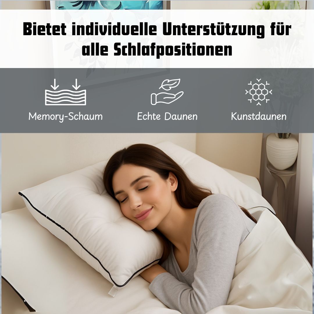 SERENITY NIGHT Weltpremiere: 5-in-1-Kissen mit echtem Daunen, Kunstdaunen und Memory-Schaum, 50x75cm