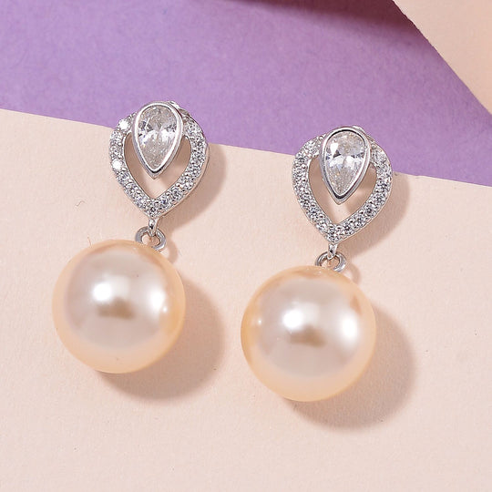 Weiße Muschelkernperle (9-11 mm), Weißer Zirkonia Ohrringe 925 Silber rhodiniert