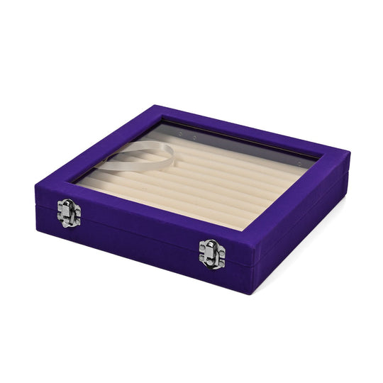 Quadratische Ringbox aus Samt mit Glasfenster und 10 Silberputztüchern, mit Sicherheitsverschluss, 24x24x5 cm, Weinrot