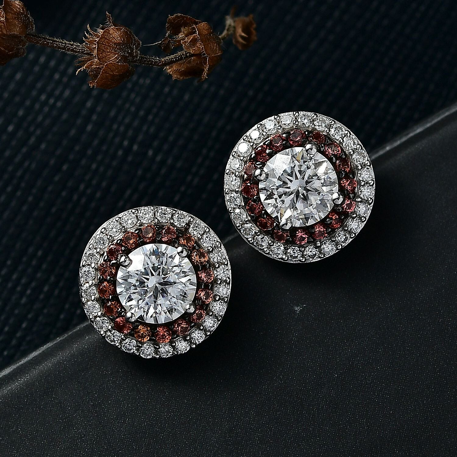 D'Joy 100 Facetten Moissanit, Roter Saphir Ohrringe 925 Silber rhodiniertca. 2.06 ct