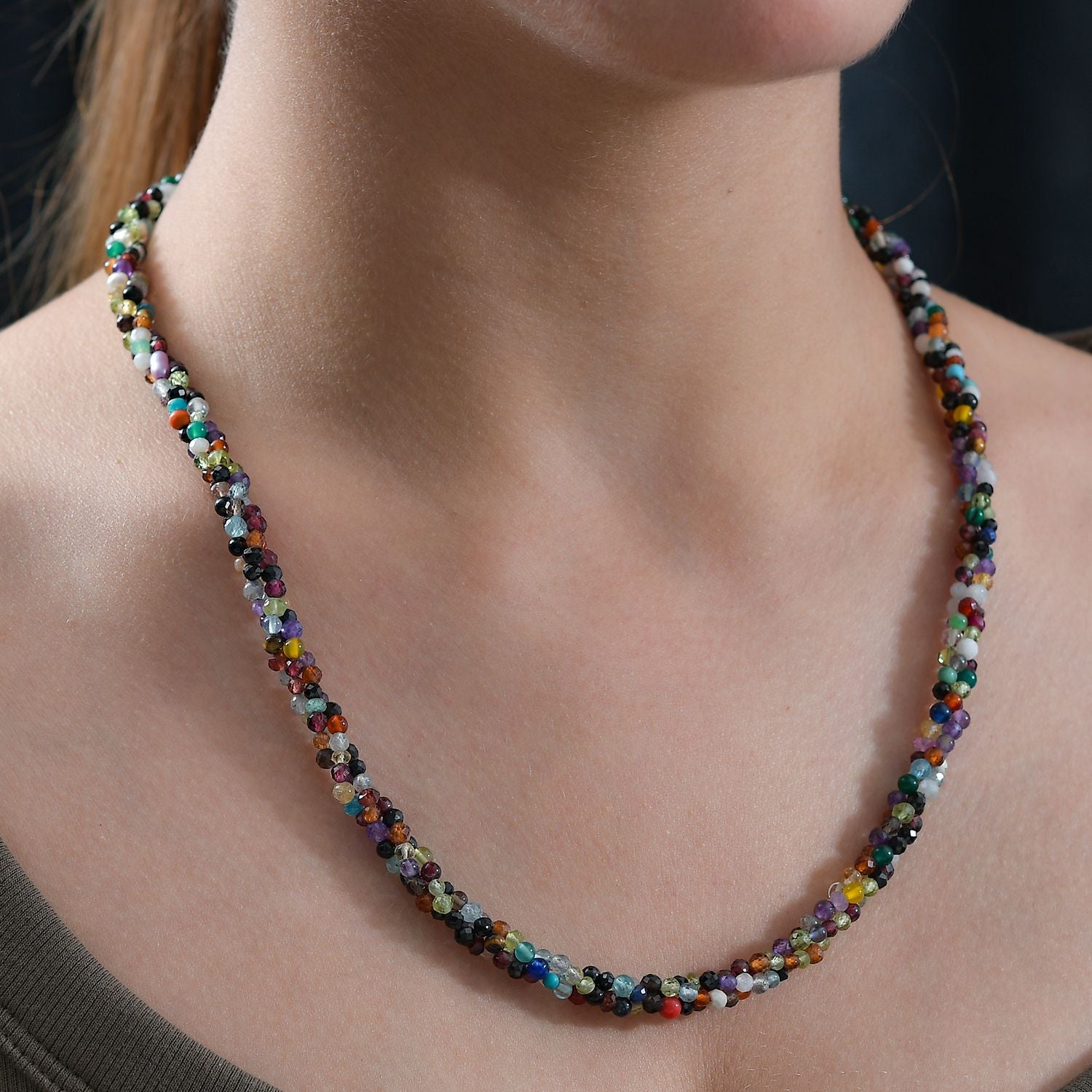Mehrfarbige Edelsteine Halskette ca. 50 cm 925 Silber rhodiniert und Edelstahl ca. 100.00 ct