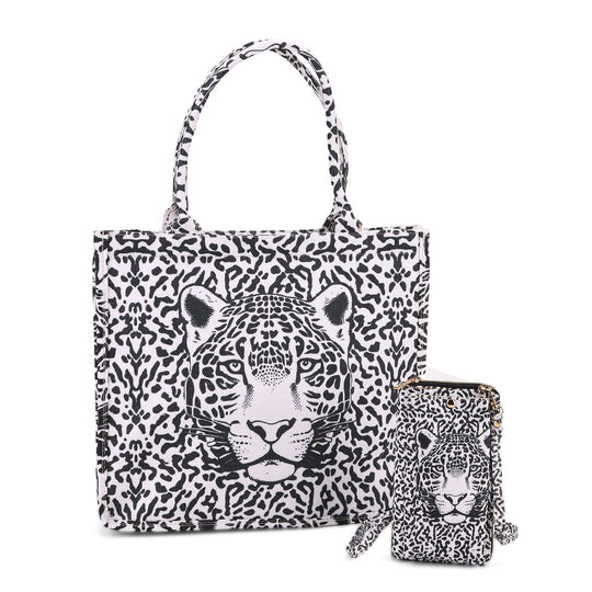 2-teiliges Taschenset - Shopper und Handytasche, ca. 40  x 12 x 35 cm (Shopper), ca. 20 x 11 x 2 cm (Handytasche), Leopardmotiv