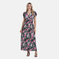 Floral Romance Maxikleid mit gesmokter Taille und Volantärmeln, 35x128cm, Grün mit Pink