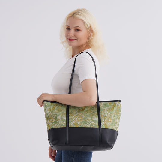 Libellenmuster-Tote-Bag, große Kapazität, mit Reißverschluss und Innentasche, 48x29x14 cm, Polyester mit PU-Leder, Gelb