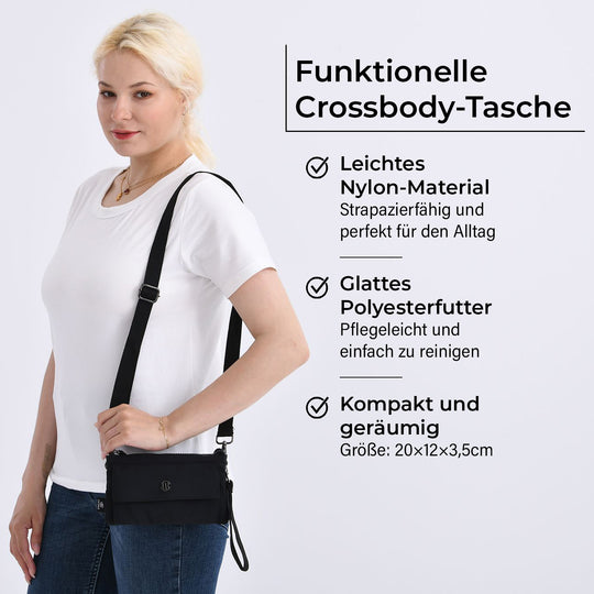 Crossbody-Tasche aus Nylon, mit mehreren Reißverschlussfächern und verstellbarem Schulterriemen, 20x12x3.5 cm, Taubenblau