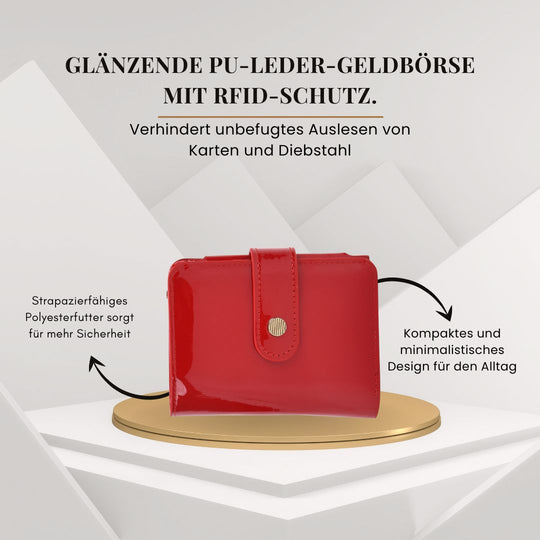 Glänzendes Trifold-Portemonnaie aus Lackleder mit RFID-Schutz, 12 x 10 cm, Pink