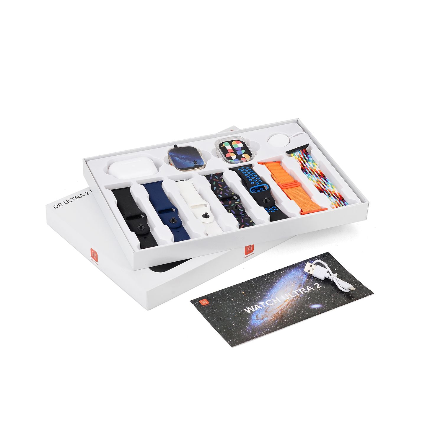 I20 Ultra 2 Max Suit - 10-in-1 Smartwatch-Komplettset mit Smartwatch, Gold-Drehkrone, Kopfhörern, Displayschutz, Ladekabel und 7 Wechselarmbändern, Silberfarben