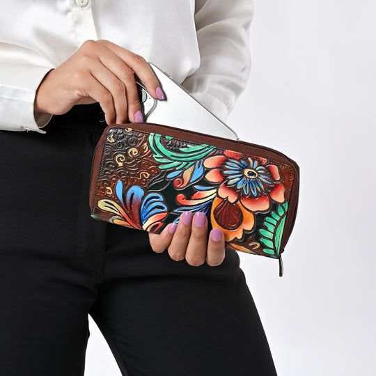 Handbemalte Leder Geldbörse RFID, Braun, 22.8 x 2.5 x 12.7 cm