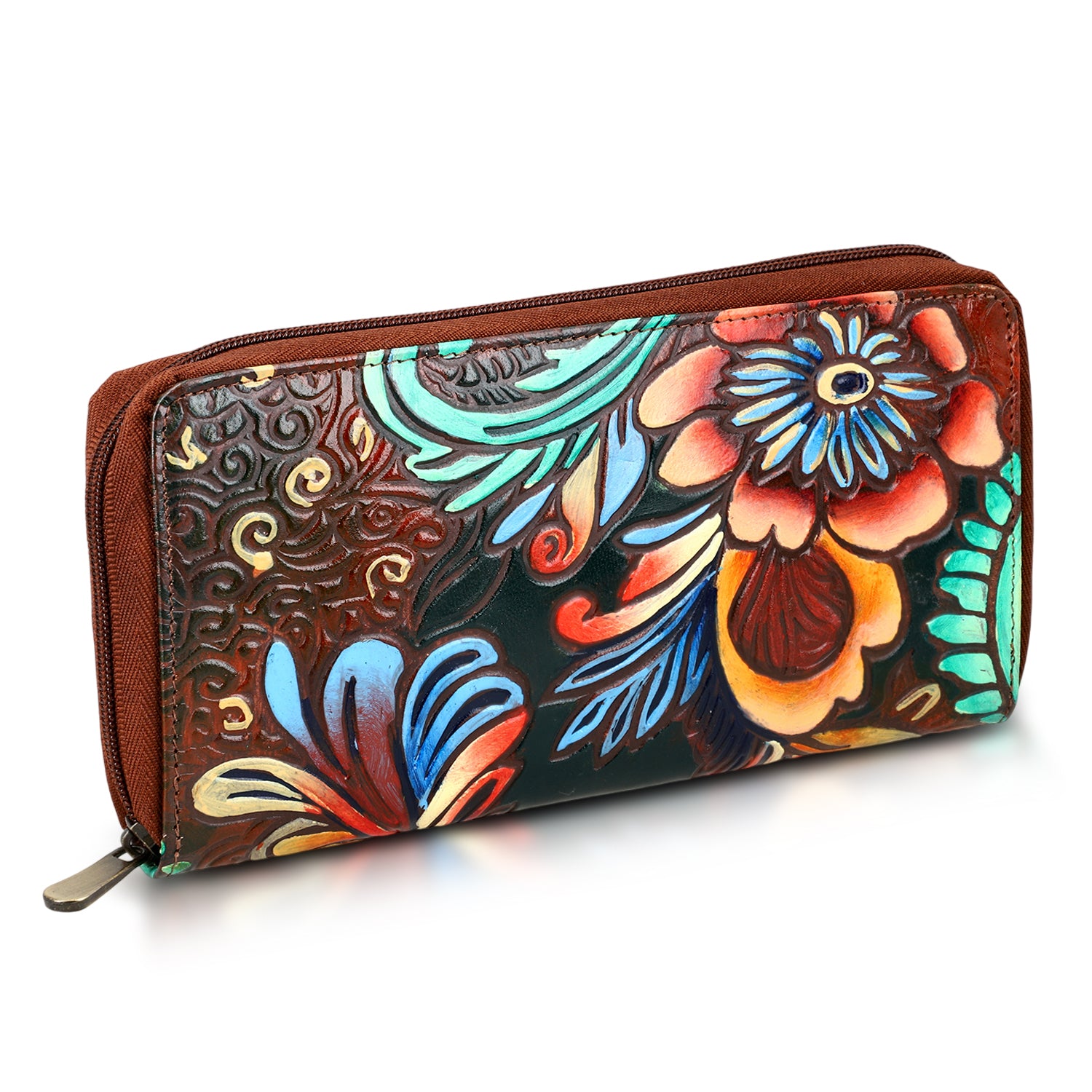 Handbemalte Leder Geldbörse RFID, Braun, 22.8 x 2.5 x 12.7 cm
