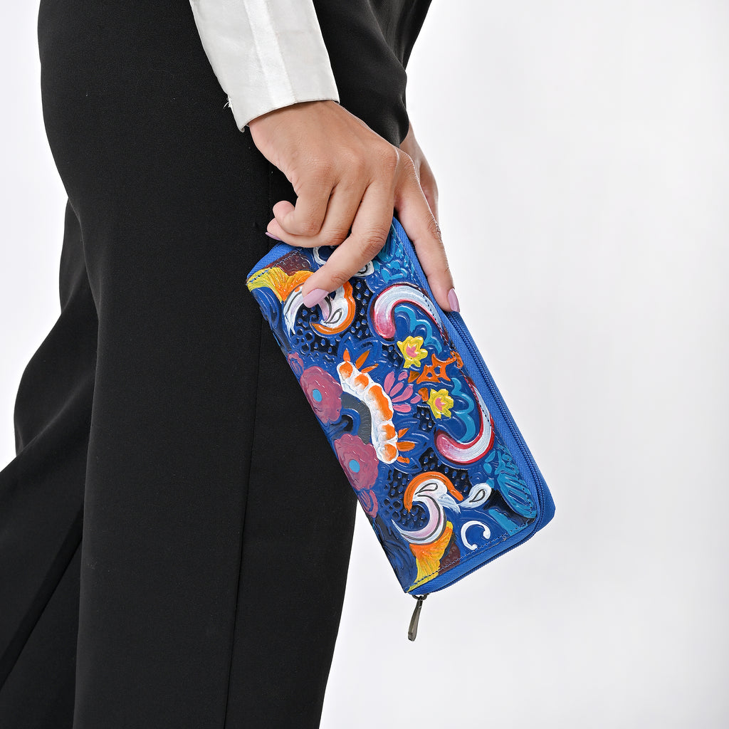 Handbemalte Leder Geldbörse RFID, Blau, 22.8 x 2.5 x 12.7 cm
