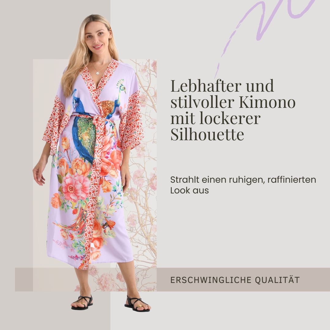 Kimono mit Vogel- und Blumenprint, fließende Passform, 78x128 cm, Beige