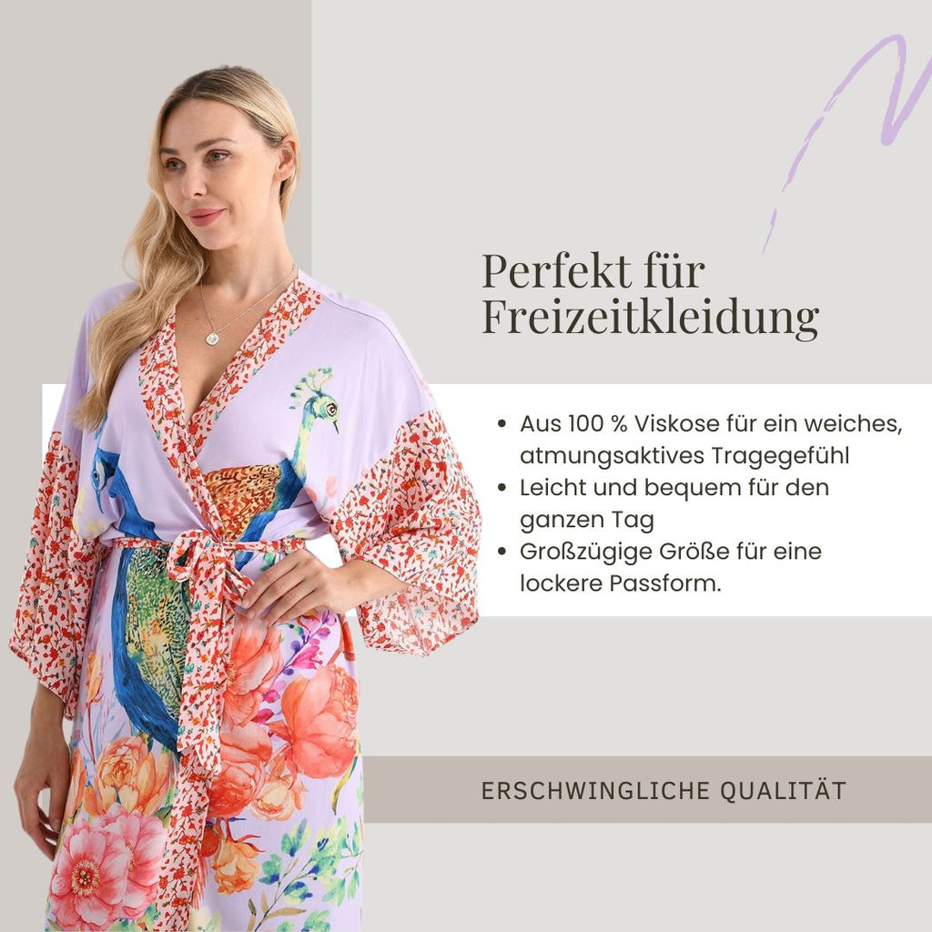 Kimono mit Vogel- und Blumenprint, fließende Passform, 78x128 cm, Beige