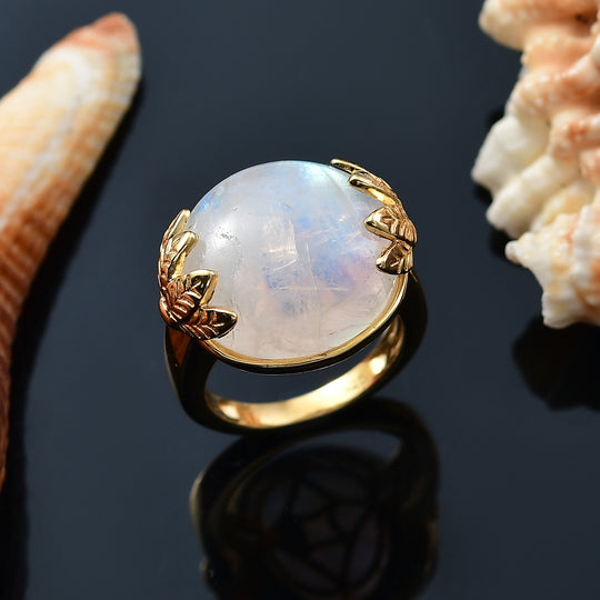 Regenbogen Mondstein Ring 925 Silber 750 Gelbgold Vermeil (Größe 19.00) ca. 20,27 ct