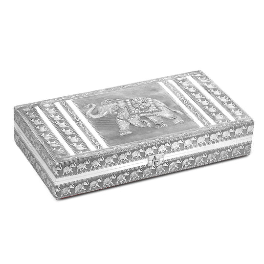 Handgefertigte Schmuckschatulle mit Lebensbaum-Motiv, oxidiertes Design, mit Spiegel und Fächern, ca. 38 x 20 x 7,6 cm, Silberfarben