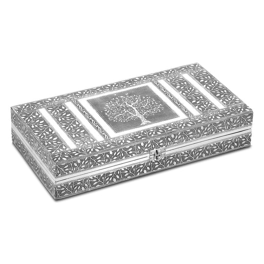 Handgefertigte Schmuckschatulle mit Lebensbaum-Motiv, oxidiertes Design, mit Spiegel und Fächern, ca. 38 x 20 x 7,6 cm, Silberfarben
