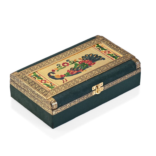 Handgefertigte Schmuckschatulle mit Pfauenprägung, Gold und Grün, 24,2 x 15 x 7 cm