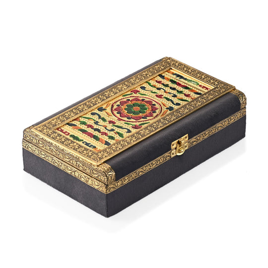 Handgefertigte Schmuckschatulle mit Pfauenprägung, Gold und Grün, 24,2 x 15 x 7 cm