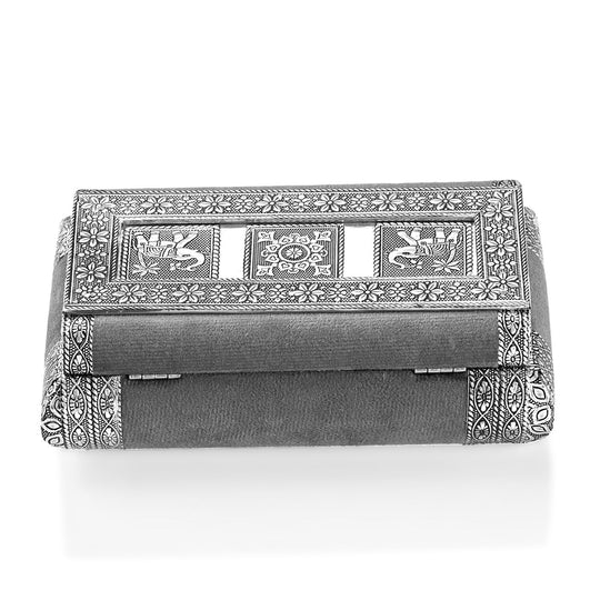 Handgefertigte Schmuckschatulle mit floralem Präge-Design, oxidiertes Finish, 20 x 13 x 7 cm, Silber-Rosa