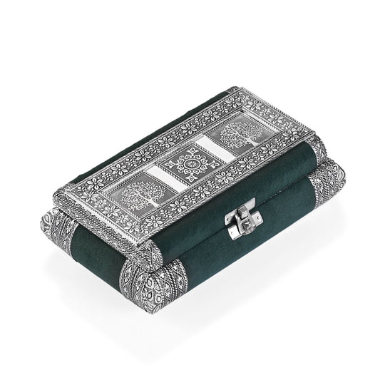 Handgefertigte Schmuckschatulle mit floralem Präge-Design, oxidiertes Finish, 20 x 13 x 7 cm, Silber-Rosa